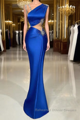 Fabulous Long Satin Column Mermaid Evening Semi Formal Prom Dresses With Beading